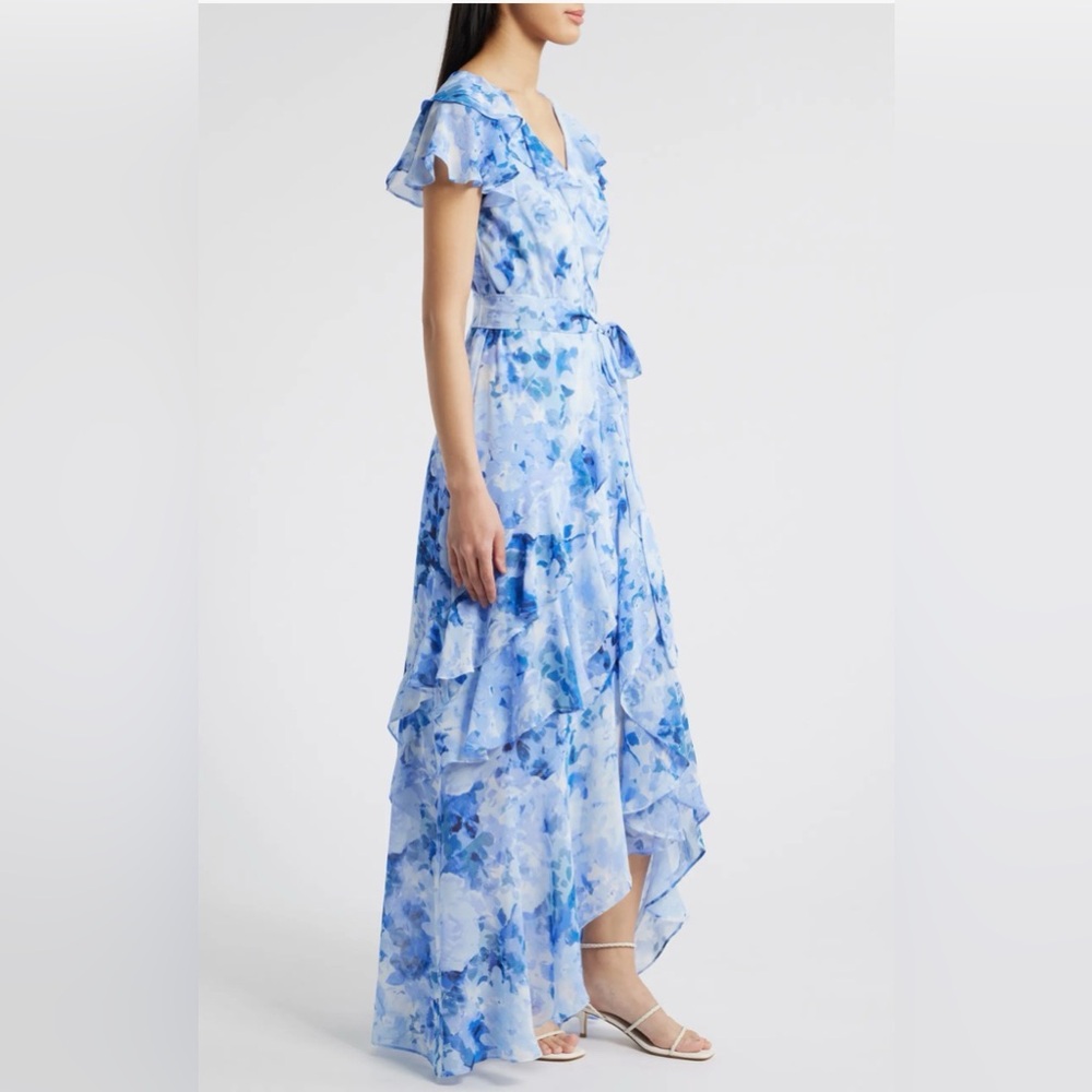 Eliza J Asymmetrical Blue Floral Ruffle Cap Sleeve Surplice V Neck Maxi Dress - Picture 3 of 11